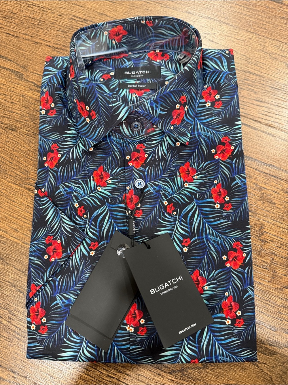 Bugatchi Black Button-Down Shirt with Red Floral & Blue Leaf Print